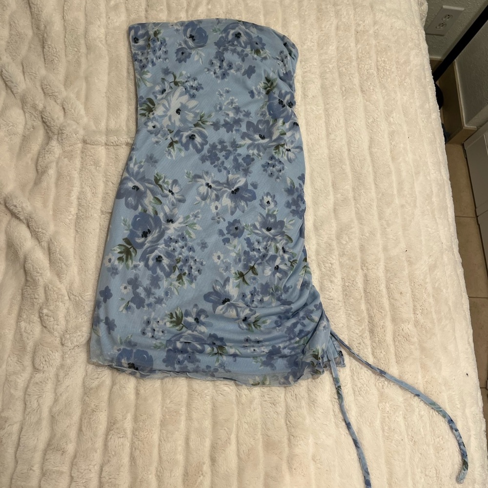 Floral Blue Strapless Dress
